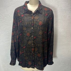 VTG Birch Hill 14 Equestrian Print Button Up Long Sleeve Shirt Black Gold Red‎